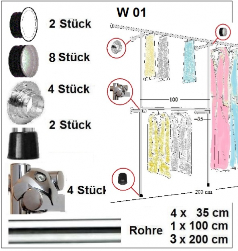 Wandregalsystem Garderobensystem 200x200 cm breit und 35 cm tief Zubehör Endkappen Gummifüsse Wandanschluss mit Knotenverbindung Wandbefestigung Rundrohre verchromt Art Nr W01